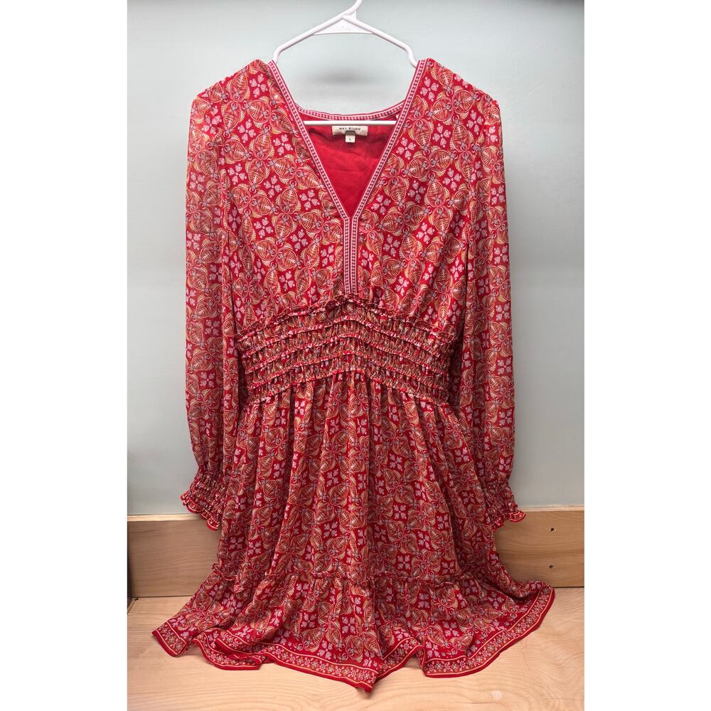 Max Studio London Mid Length Red Print Dress, Size Large